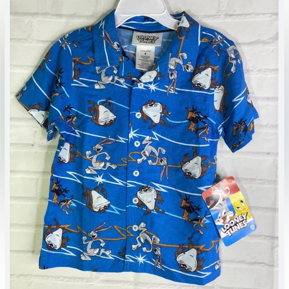 Looney Tunes Taz Devil Bugs Bunny Daffy Button Up Down Shirt Boys Size 7 NWT